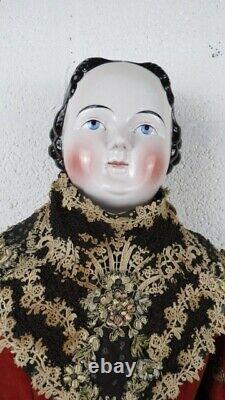 36 Antique Large Porcelain Victorian Doll Black Hair Blue Eyes Linen Petticoats