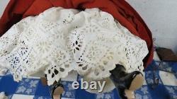 36 Antique Large Porcelain Victorian Doll Black Hair Blue Eyes Linen Petticoats