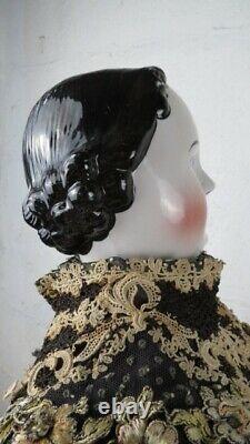 36 Antique Large Porcelain Victorian Doll Black Hair Blue Eyes Linen Petticoats