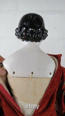 36 Antique Large Porcelain Victorian Doll Black Hair Blue Eyes Linen Petticoats