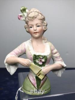 4.5 Antique German Bisque Half 1/2 Doll Lady 4932 Feathers In Hair & Fan #SE