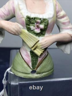 4.5 Antique German Bisque Half 1/2 Doll Lady 4932 Feathers In Hair & Fan #SE