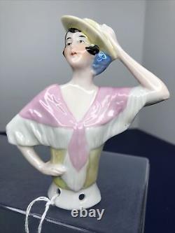 4 Antique German Bisque Half 1/2 Doll Lady Hat & Shawl Black Hair 14503 #CC