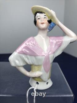 4 Antique German Bisque Half 1/2 Doll Lady Hat & Shawl Black Hair 14503 #CC