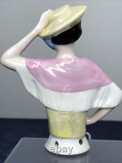 4 Antique German Bisque Half 1/2 Doll Lady Hat & Shawl Black Hair 14503 #CC