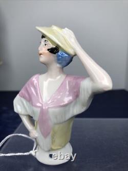 4 Antique German Bisque Half 1/2 Doll Lady Hat & Shawl Black Hair 14503 #CC