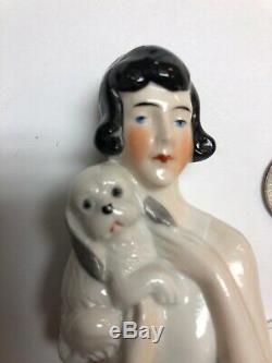 4 Antique German Porcelain Half 1/2 Doll Black Hair Holding Puppy Dog #SE