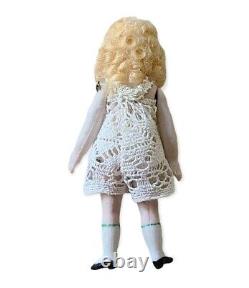 4 Bisque Antique German Mignonette Dollhouse Doll Blonde Ringlets Wig Dressed