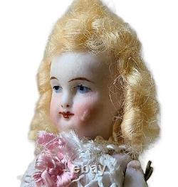 4 Bisque Antique German Mignonette Dollhouse Doll Blonde Ringlets Wig Dressed
