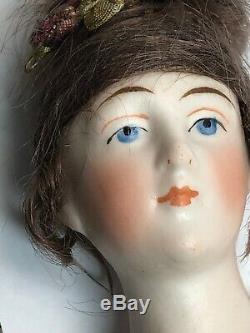 5 Antique German Porcelain Half 1/2 Doll Jointed Nude Wigged Painted Face #CC