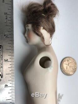 5 Antique German Porcelain Half 1/2 Doll Jointed Nude Wigged Painted Face #CC