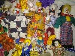 54 Vintage Porcelain Clown collection sand stuffed doll joker huge collection