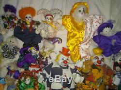 54 Vintage Porcelain Clown collection sand stuffed doll joker huge collection