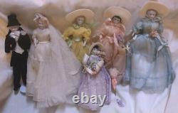6 ANTIQUE Dollhouse Dolls SET Wedding Bridal Party Original China Shoulder Heads