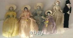6 ANTIQUE Dollhouse Dolls SET Wedding Bridal Party Original China Shoulder Heads