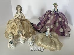 6 Antique Porcelain Half Dolls / Unique Antique Snood and Base Pin Cushion