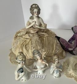 6 Antique Porcelain Half Dolls / Unique Antique Snood and Base Pin Cushion