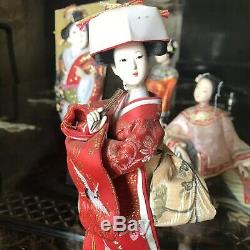 6 X Vintage Japanese Geisha Girl Dolls Hagoita Paddle Bisque Porcelain Kimono