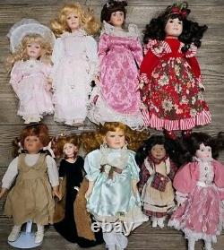 9 Porcelain Girl Dolls 12 To 18 Mixed Style Collection Vintage Lot 1980's 90's