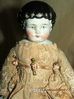 ANTIQUE 1800's Germany CHINA HEAD HANDS LEGS SILK & LACE DRESS 11'' DOLL