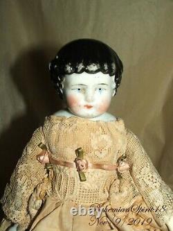 ANTIQUE 1800's Germany CHINA HEAD HANDS LEGS SILK & LACE DRESS 11'' DOLL