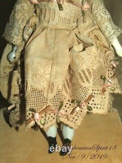 ANTIQUE 1800's Germany CHINA HEAD HANDS LEGS SILK & LACE DRESS 11'' DOLL