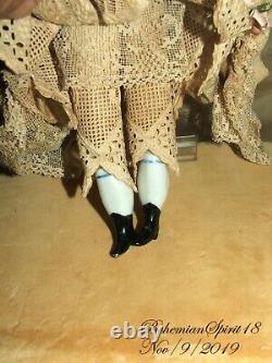 ANTIQUE 1800's Germany CHINA HEAD HANDS LEGS SILK & LACE DRESS 11'' DOLL