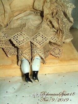 ANTIQUE 1800's Germany CHINA HEAD HANDS LEGS SILK & LACE DRESS 11'' DOLL