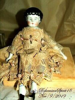 ANTIQUE 1800's Germany CHINA HEAD HANDS LEGS SILK & LACE DRESS 11'' DOLL