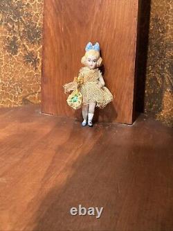 ANTIQUE BISQUE CABINET DOLL With FLOWER BASKET 2 3/4 Tall CLOSED MOUTH Signed 4/0