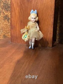 ANTIQUE BISQUE CABINET DOLL With FLOWER BASKET 2 3/4 Tall CLOSED MOUTH Signed 4/0