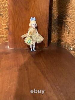 ANTIQUE BISQUE CABINET DOLL With FLOWER BASKET 2 3/4 Tall CLOSED MOUTH Signed 4/0