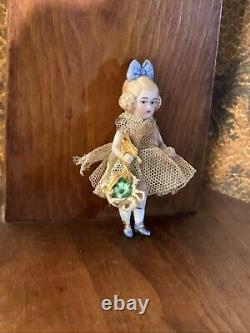 ANTIQUE BISQUE CABINET DOLL With FLOWER BASKET 2 3/4 Tall CLOSED MOUTH Signed 4/0