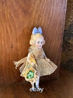 ANTIQUE BISQUE CABINET DOLL With FLOWER BASKET 2 3/4 Tall CLOSED MOUTH Signed 4/0