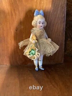 ANTIQUE BISQUE CABINET DOLL With FLOWER BASKET 2 3/4 Tall CLOSED MOUTH Signed 4/0