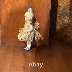 ANTIQUE BISQUE CABINET DOLL With FLOWER BASKET 2 3/4 Tall CLOSED MOUTH Signed 4/0