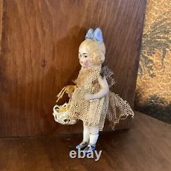 ANTIQUE BISQUE CABINET DOLL With FLOWER BASKET 2 3/4 Tall CLOSED MOUTH Signed 4/0