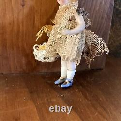 ANTIQUE BISQUE CABINET DOLL With FLOWER BASKET 2 3/4 Tall CLOSED MOUTH Signed 4/0