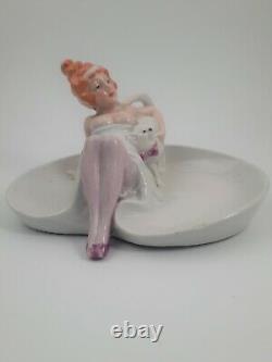 ANTIQUE GERMAN BATHING BEAUTY FIGURINE NAUGHTY RISQUE LADY With CAT FLIPPER DISH