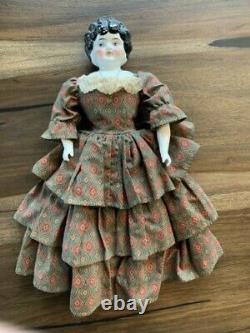 Antique 18 Victorian Porcelain Doll with#5 Head, Black Hair, Dress, Necklace