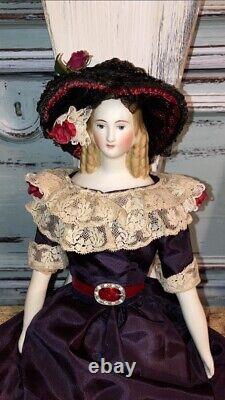 Antique 1840 Parian Bisque Doll Lydia French Fashion Silk Faille Passementerie