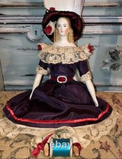 Antique 1840 Parian Bisque Doll Lydia French Fashion Silk Faille Passementerie