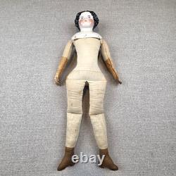 Antique 1850-1880 23 German China Doll Leather Hands Covered Wagon Unmarked