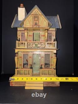 Antique 1890s German Lithograph Dollhouse with Furniture & China Dolls Victorian