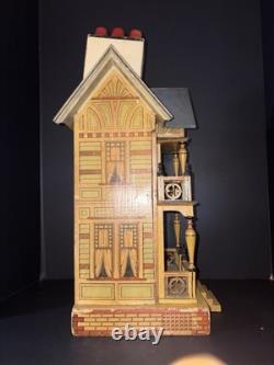 Antique 1890s German Lithograph Dollhouse with Furniture & China Dolls Victorian