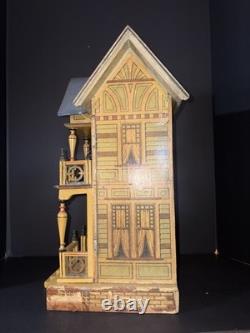 Antique 1890s German Lithograph Dollhouse with Furniture & China Dolls Victorian