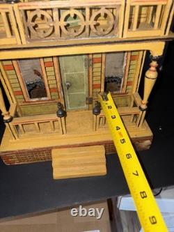 Antique 1890s German Lithograph Dollhouse with Furniture & China Dolls Victorian