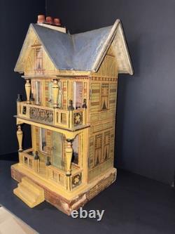 Antique 1890s German Lithograph Dollhouse with Furniture & China Dolls Victorian