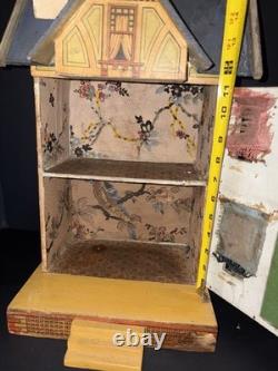 Antique 1890s German Lithograph Dollhouse with Furniture & China Dolls Victorian