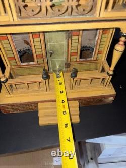 Antique 1890s German Lithograph Dollhouse with Furniture & China Dolls Victorian